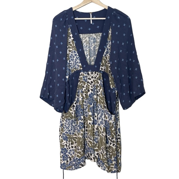 Free People Free People Mixed-Print Floral Mini Dress Size M Boho Beach Blue - Picture 2 of 12